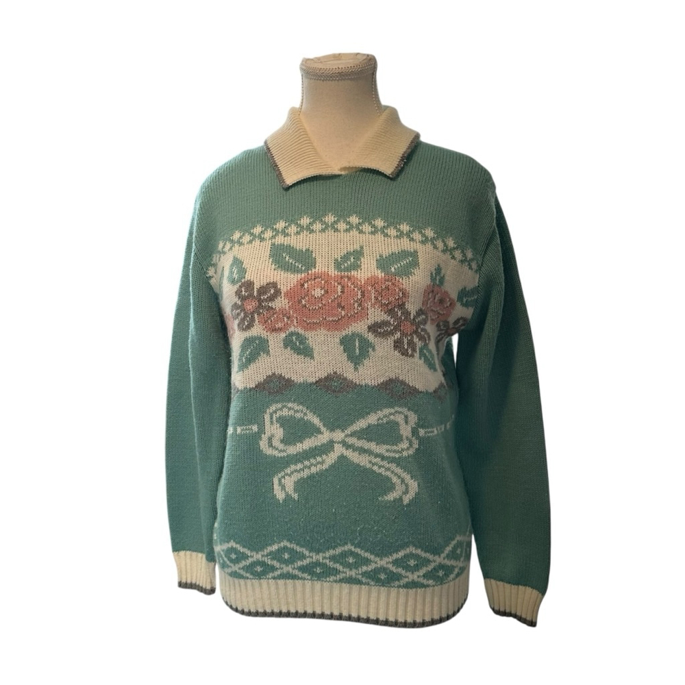 80s Cottagecore grandma bow floral collared sweater